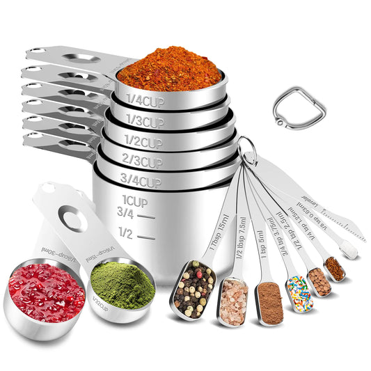 Minteem Stainless Steel Measuring Cups and Spoons Set with Easy to Read Markings 8 Nesting Measuring Cups 7 Spoons & 1 Leveler Kitchen Gadgets for Measuring Dry or Liquid Ingredients Square